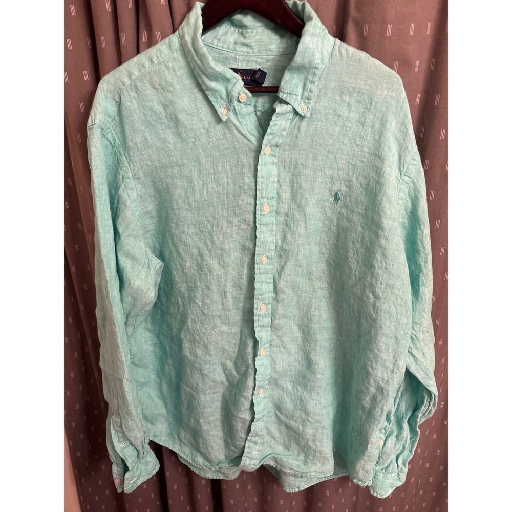 Ralph Lauren Mens XXL Linen Button Down Shirt Aqua Turquoise Long Sleeve Pony